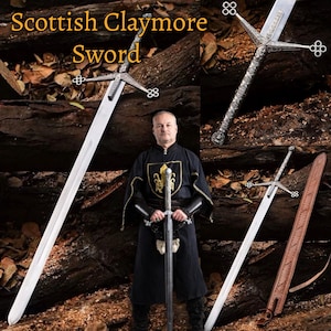 May include: A man wearing a black tunic and holding a Scottish Claymore sword. The sword has a silver blade and a black handle with a cross guard. The sword is also shown in a close-up view with a leather scabbard.