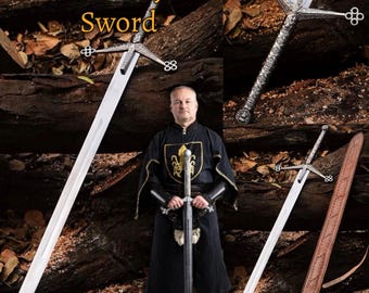 Handmade Scottish Claymore Sword, Black Medieval Sword with Leather Sheath, J2 Steel Highland Claymore, Gift for Dad, Christmas Gifts, GIFT.