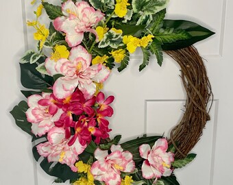 Summer Tropical Wreath, Summer floral wreath, Wreath for front door, Ornamental grass, Pink wreath, Hibiscus, Orchids, Palms