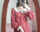 1970s Very Cherry Prairie Dress With Ruffle Lace Collar, Babydoll, Maxi Hem, Red Prairie Dress XXS XS