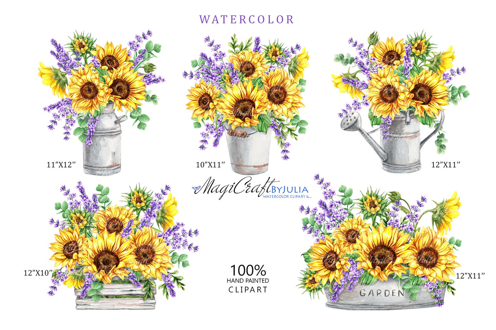 Watercolor sunflowers and lavender PNG Clipart. Summer Etsy