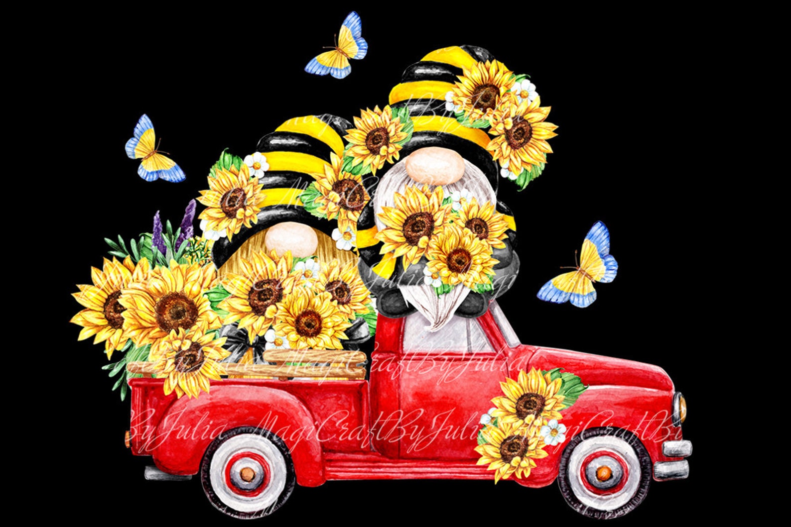 Sunflower Gnome Red Truck PNG clipart. Summer gnomes clipart. | Etsy