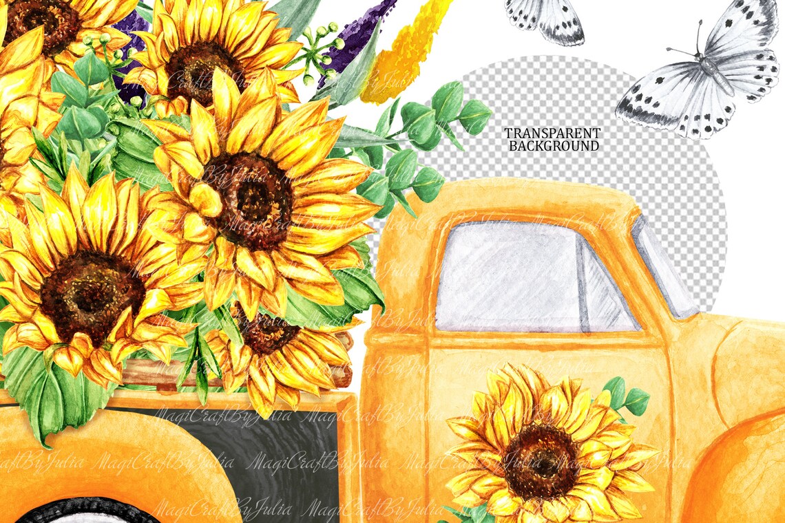 Yellow Vintage Truck Sunflowers PNG clipart Summer clip art | Etsy