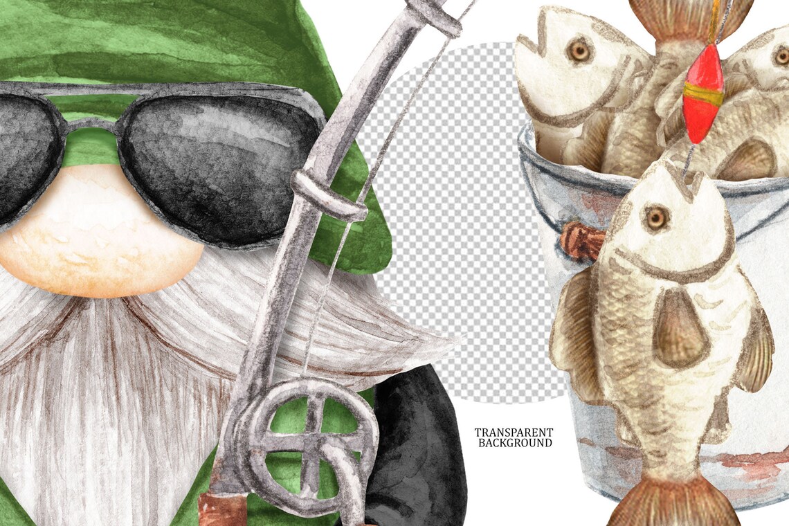Watercolor Fishing Gnomes Png clipart. Angling Fisherman Hand Etsy