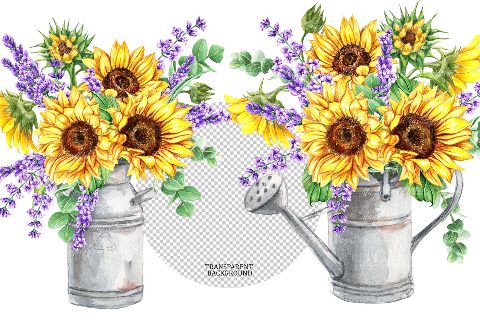Watercolor sunflowers and lavender PNG Clipart. Summer Etsy