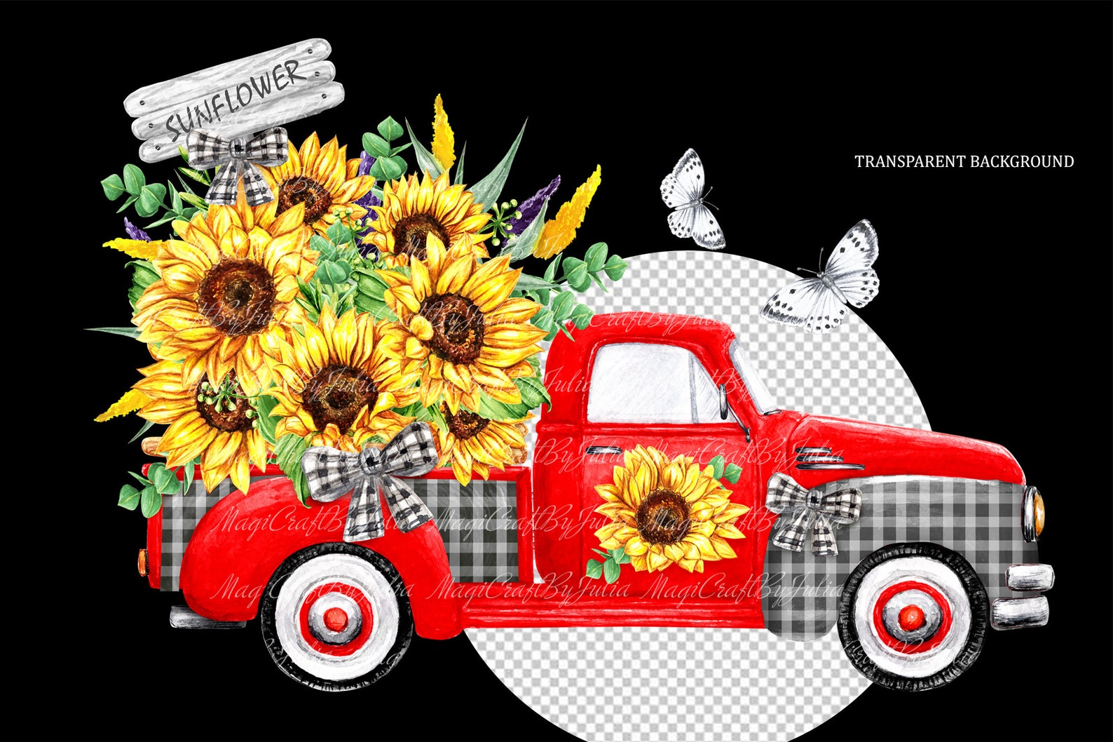 Red Vintage Truck Sunflowers PNG clipart Summer clip art | Etsy