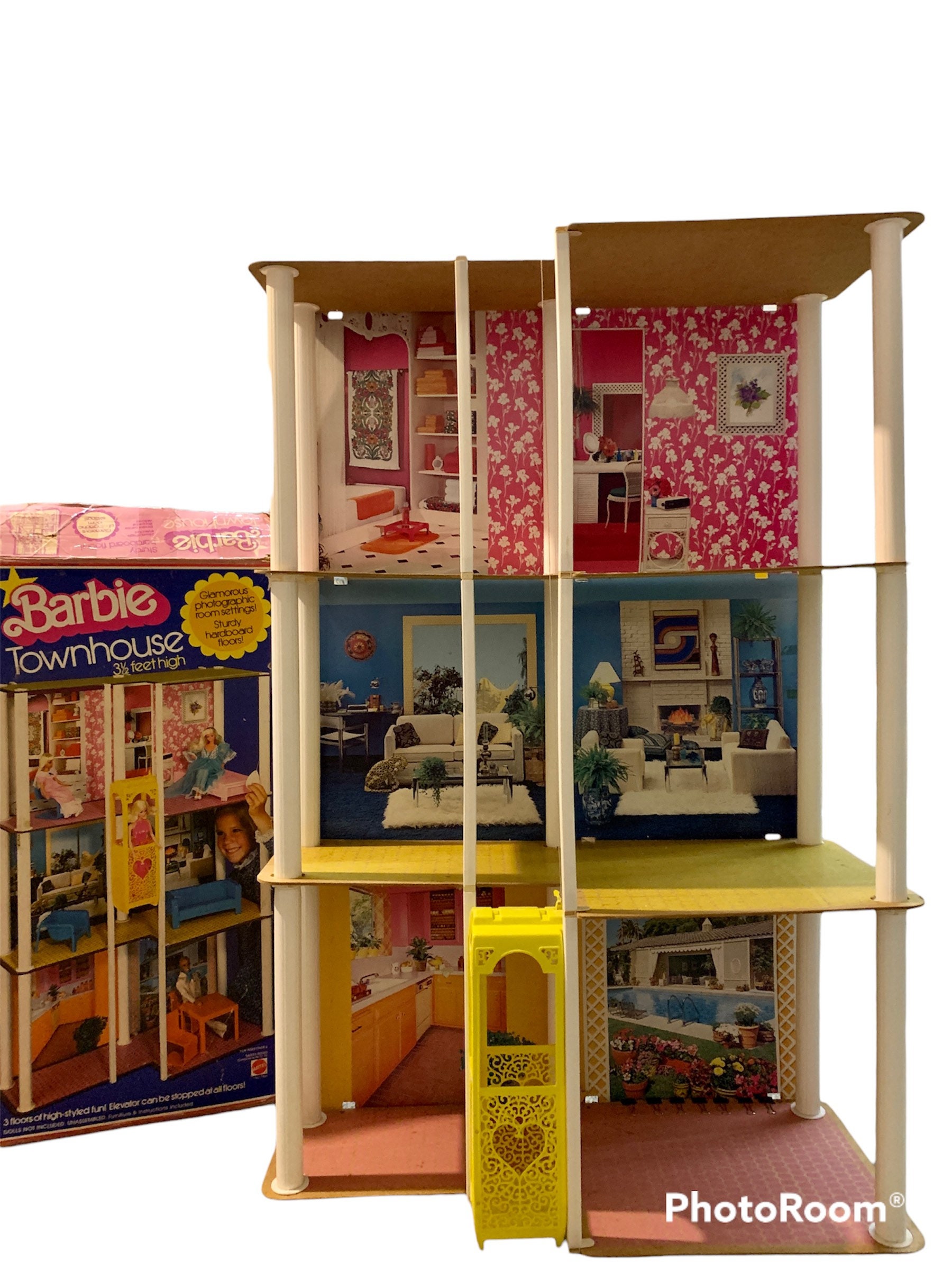 Barbie 3-Story Townhouse Dollhouse with Elevator, Swing Chair, Furniture  and Accessories, Fold for Portability and Travel ( Exclusive)