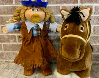 Coleco Cabbage Patch Western Girl and Show Pony | Blue/Brown Outfit | Brown Pony | 1985