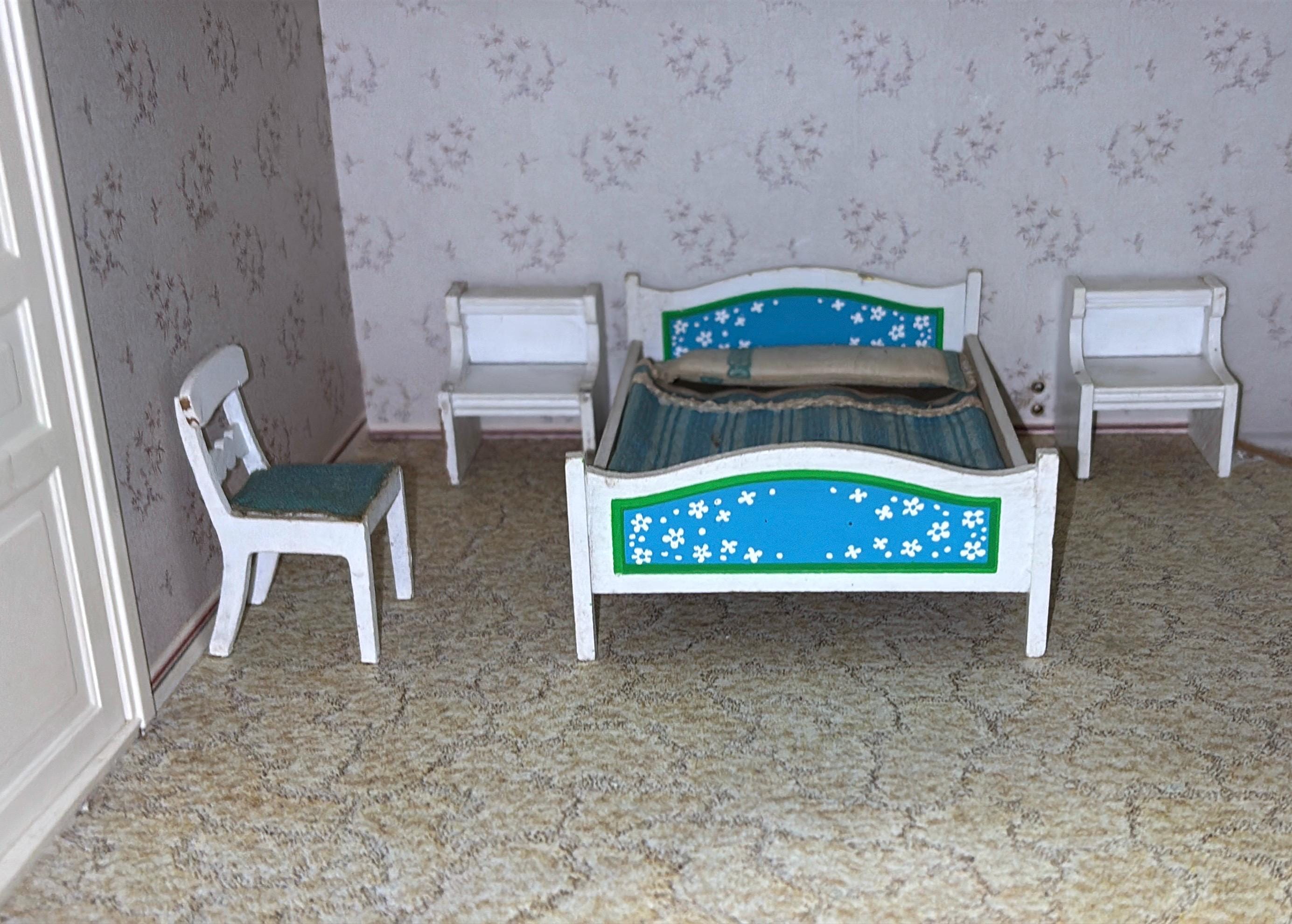 Lundby Wooden Dollhouse Furniture Set Master Bedroom Blue/White/Green 1:18 Scale Sweden
