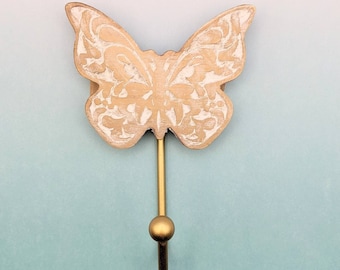 WOODEN BUTTERFLY HOOK with White Wash, Coat Hook, Plant Hanger, Hat Hook  New "Free Shipping"