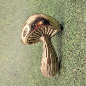 May include: A gold-colored mushroom-shaped door knob or pull. The mushroom has a detailed cap and stem.