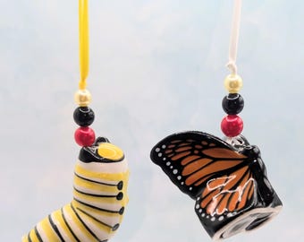 BUTTERFLY and CATERPILLA ORNAMENT Repurposed Salt/Pepper Shakers Porcelain/Ceramic