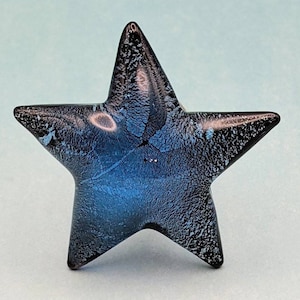 May include: A blue and black star-shaped ornament with a glittery finish.