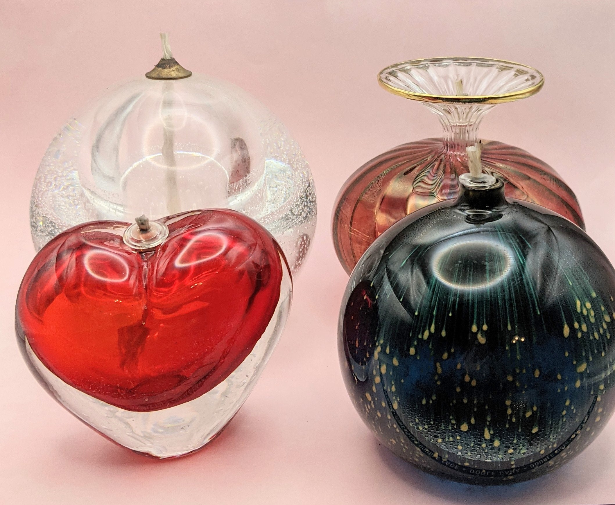 VINTAGE OIL LAMPS 4 Candles Red Heart, Clear Globe, Blue Globe with Gold Specs, Red and Gold Spiral  Pre-Owned Sold Separately