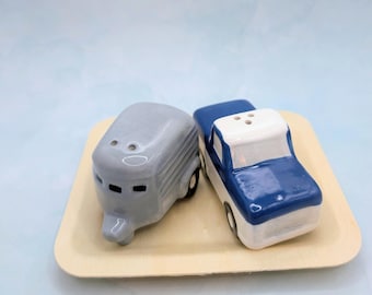TRUCK and TRAILER Salt and Pepper Shakers with Bambo Display Tray Included:  Ceramic