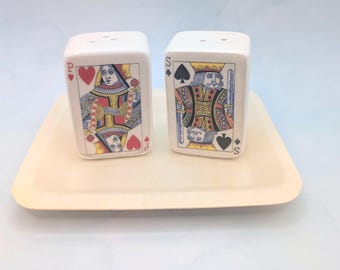 PLAYING CARDS Queen of Hearts/ King of Spades Salt and Pepper Shakers with Bamboo Display Tray Included:  Ceramic