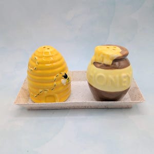 HONEY POT and BEEHIVE Salt and Pepper Shakers with Plastic Display Tray Included:  Ceramic