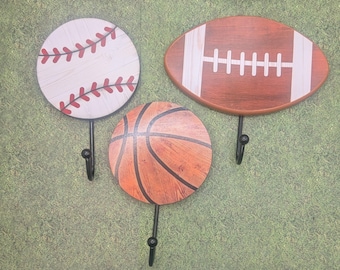 SPORTS WALL HOOKS Baseball, Football, Basketball Wooden Hook Pre-Owned
