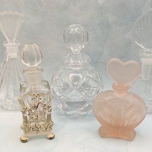 PERFUME BOTTLES, 5 VINTAGE  Mikasa, Princess House, Fan Shell Frosted, Hollywood Regency, Pink Heart Frosted  Pre-Owned Sold Separately