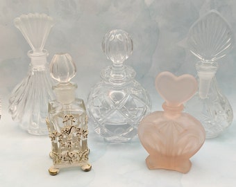 5 VINTAGE PERFUME BOTTLES, Mikasa, Princess House, Fan Shell Frosted, Hollywood Regency, Pink Heart Frosted  Pre-Owned Sold Separately