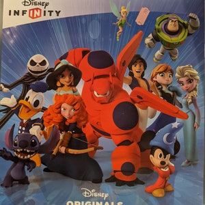 May include: A colorful illustration featuring Disney characters from various movies, including Mickey Mouse, Stitch,  Donald Duck,  Jack Skellington,  Baymax,  Ariel,  Elsa,  and Tinkerbell. The image includes the text "Disney Infinity Originals".
