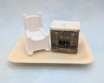 ROCKING CHAIR and FIREPLACE Salt and Pepper Shakers with Bambo Display Tray Included:  Ceramic