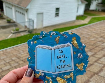 Go Away I’m Reading Coaster | booktok | bookish | blue coaster | silver flake | drink holder | book decor