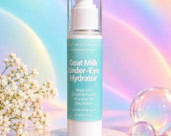 May include: A cylindrical pump bottle of Bell Han Skincare Goat Milk Under-Eye Hydrator with a clear cap and white base. The turquoise label lists ingredients including goat milk powder, rice bran oil, shea butter, and lavender essential oil.
