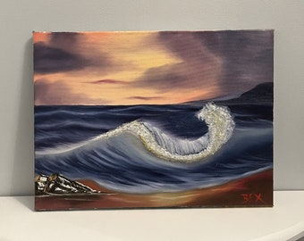 Pintura al óleo original / Estilo Bob Ross / Atardecer en el océano / Lienzo estirado 30cm x 40cm