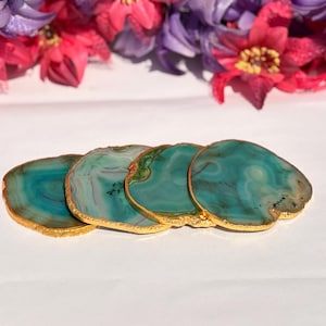 Teal Agate Coaster: Gold Edge Natural Stone Slice, Crystal Decor