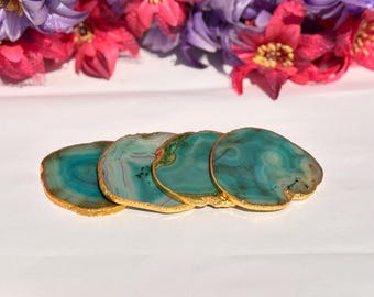 Teal Agate Coaster with Gold Edge | Natural Stone Slice Drink Coaster | Crystal Decor for Home & Office | Geode Coaster Gift for Her