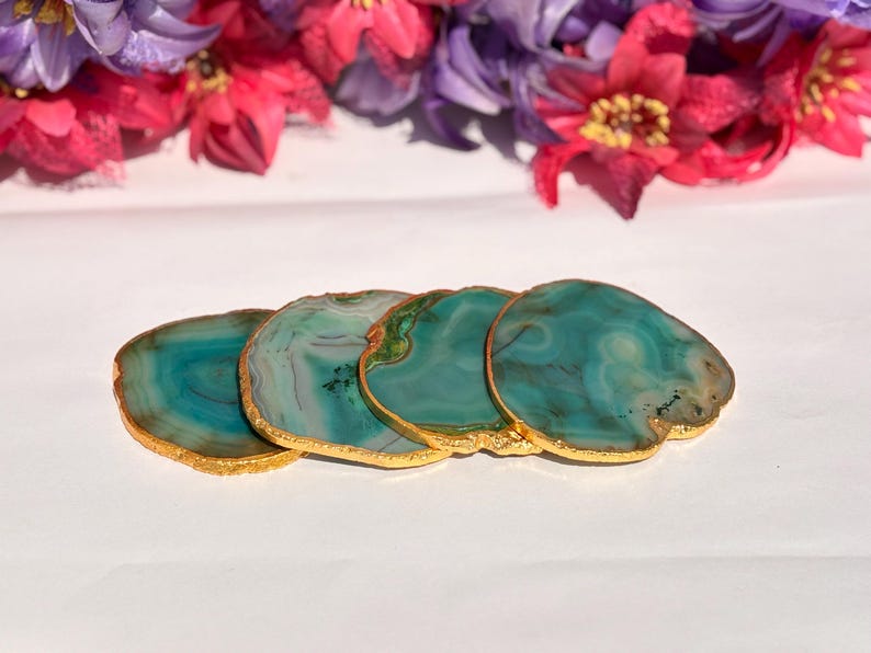Teal Agate Coaster: Gold Edge Natural Stone Slice, Crystal Decor