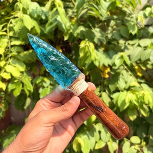 blue aqua obsidian athame knife-Handmade Crystal Blade with Wood Handle-Ritual Dagger-Spiritual Altar Tool, Witchcraft Decor, Collector Gift