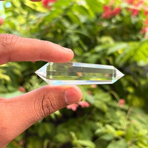 May include: A clear, double-terminated quartz crystal held between fingers. The crystal is transparent with multiple facets, reflecting light. The background features green foliage and red flowers, creating a natural setting for the gemstone.
