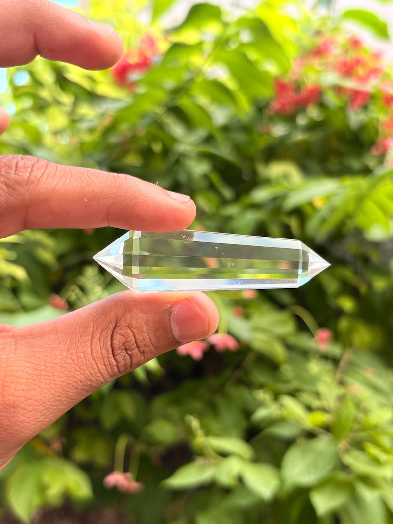 May include: A clear, double-terminated quartz crystal held between fingers. The crystal is transparent with multiple facets, reflecting light. The background features green foliage and red flowers, creating a natural setting for the gemstone.