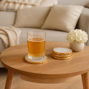 White Agate Coasters With Gold Edge - Set of Handcrafted Crystal Stone Coasters For Coffee Table Decor, wedding, Housewarming Gift.