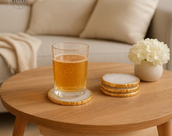 White Agate Coasters with Gold Edge: Handcrafted Crystal Geode