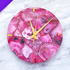 Pink Agate Geode Wall Clock: Handmade Stone Art Decor