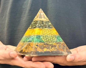 Orgonite Money Magnet Pyramid-Tiger Eye Citrine Green Aventurine Pyrite Orgon Pyramid For Wealth Abundance Prosperity Energy Healing Crystal