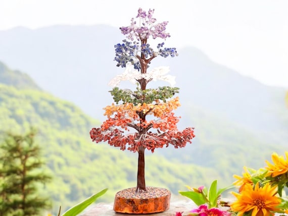 Handmade 7 Chakra Crystal Bonsai Tree: Healing Gemstone Decor
