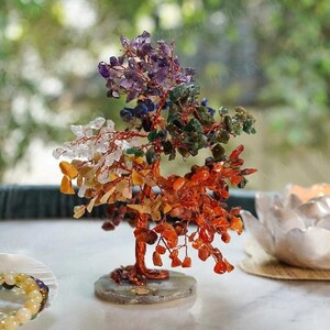 Può includere: Un albero di cristallo con sette pietre di diversi colori, tra cui ametista, quarzo trasparente, citrino, aventurina verde, cornalina rossa, lapislazzuli e occhio di tigre. L'albero è fatto di filo di rame e poggia su una base di pietra grigia.