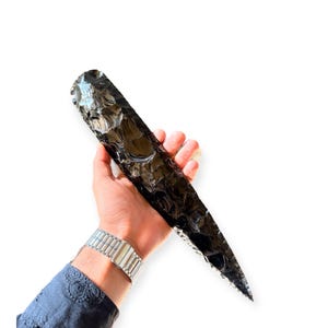 Large 13&#39;&#39; Black Obsidian Arrowhead – Handcrafted Flint Knapped Blade, Gemstone Spearhead, Primitive Knife, Hunting Decor, Unique Gift