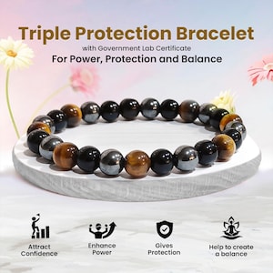 Triple Protection Bracelet - Tiger eye, Black Obsidian & Hematite Beaded Crystal Bracelet, 6mm 8mm 10mm Healing Gemstone Jewelry, Gift.