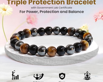 Bransoletka potrójnej ochrony - bransoletka z koralikami z tygrysiego oka, czarnego obsydianu i hematytu, 6 mm, 8 mm, 10 mm, biżuteria z kamieniami leczniczymi, prezent.