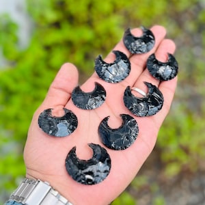 Handcrafted Black Obsidian Crescent Moon: Gemstone Carving for Jewelry