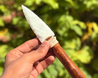 White Jade Ritual Knife: Wooden Handle Crystal Athame, Pagan Altar Tool