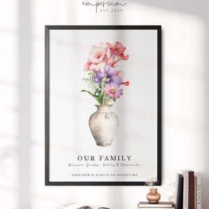 Impresión de flores de nacimiento personalizada: regalo familiar, regalo para el hogar, impresión del Día de la Madre, para esposa, impresión personalizada para la familia, personalizada, enmarcada n.° 200