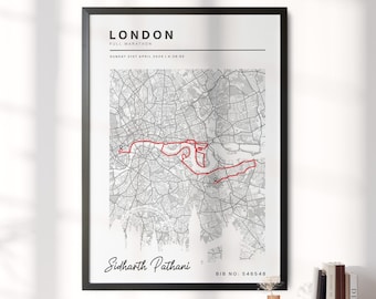 Mapa de finalización del maratón de Londres - Regalo perfecto para corredores / Personalizado con datos de finalización / Conmemorar logros, Impresión de regalo #