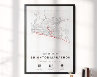 Cualquier mapa de finalización de maratón o carrera: regalo perfecto para corredores, maratón de Brighton, datos de finalización personalizados, regalo conmemorativo de 10k 5k #