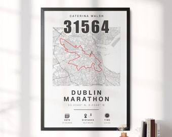 Cualquier mapa de finalización de maratón o carrera: regalo perfecto para corredores, datos de finalización personalizados, conmemoración del maratón de Dublín, 10k 5k #
